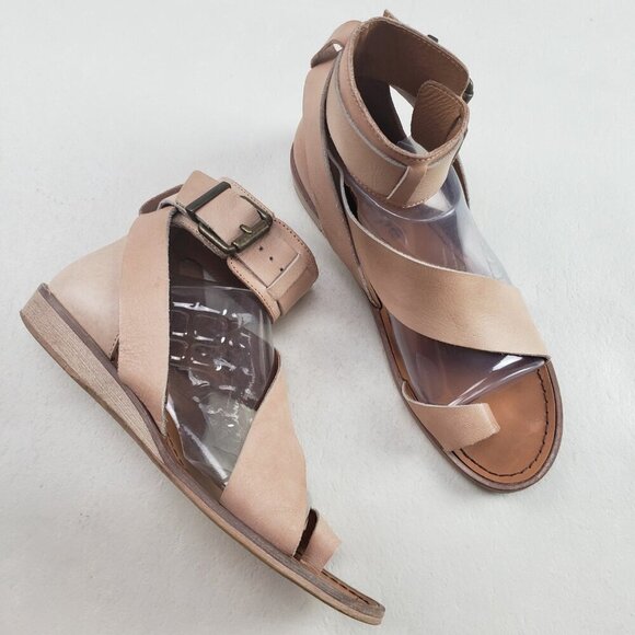 Free People Vale Boot Sandal Women 7.5 37.5 Beige Leather Ankle Strap Boho Spain - Picture 1 of 16